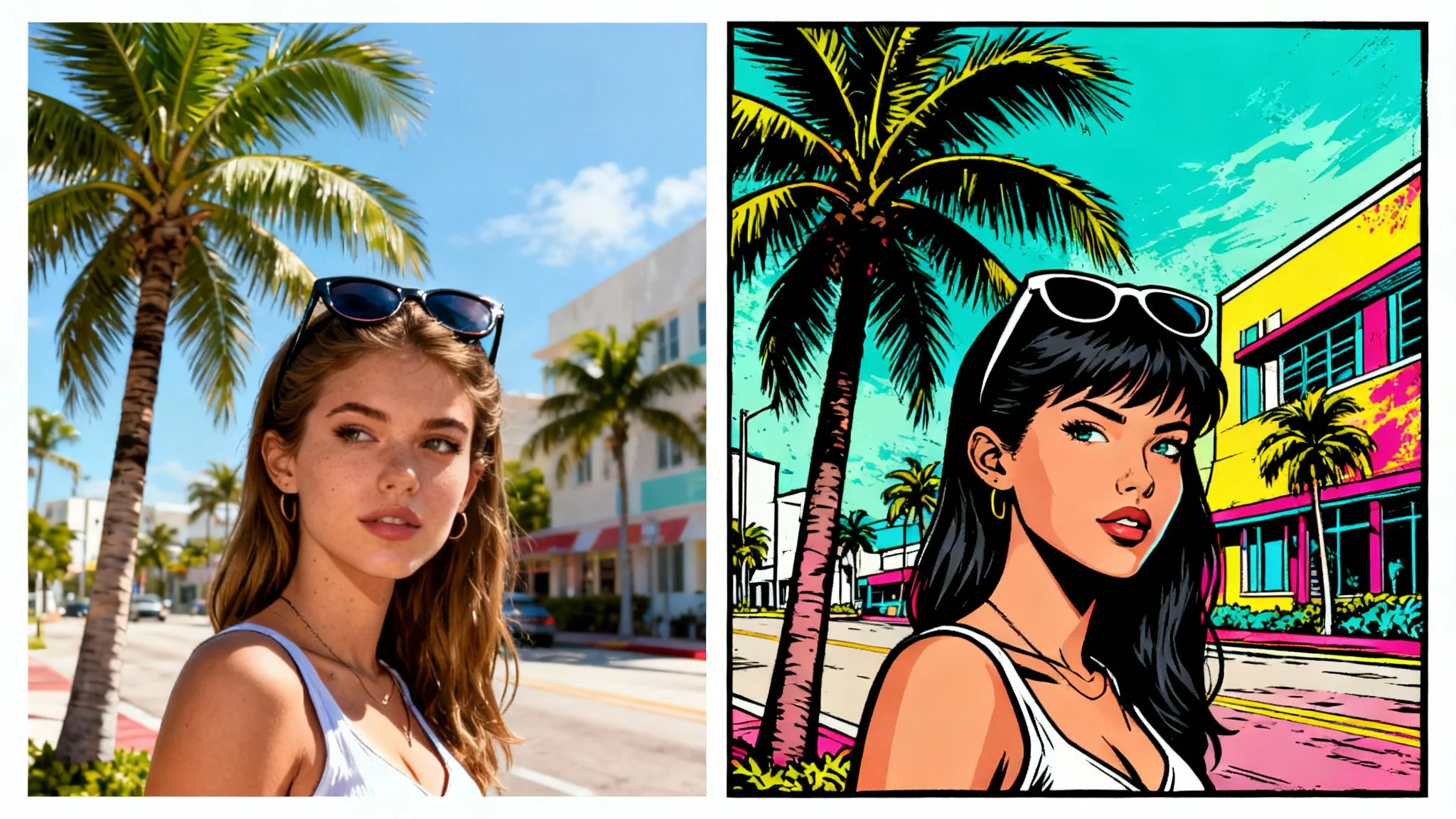 A split-screen image demonstrating a conversion to GTA style. The left side is a realistic photo of a woman on a sunny street, while the right side shows the same image in the bold, graphic art style of Grand Theft Auto.