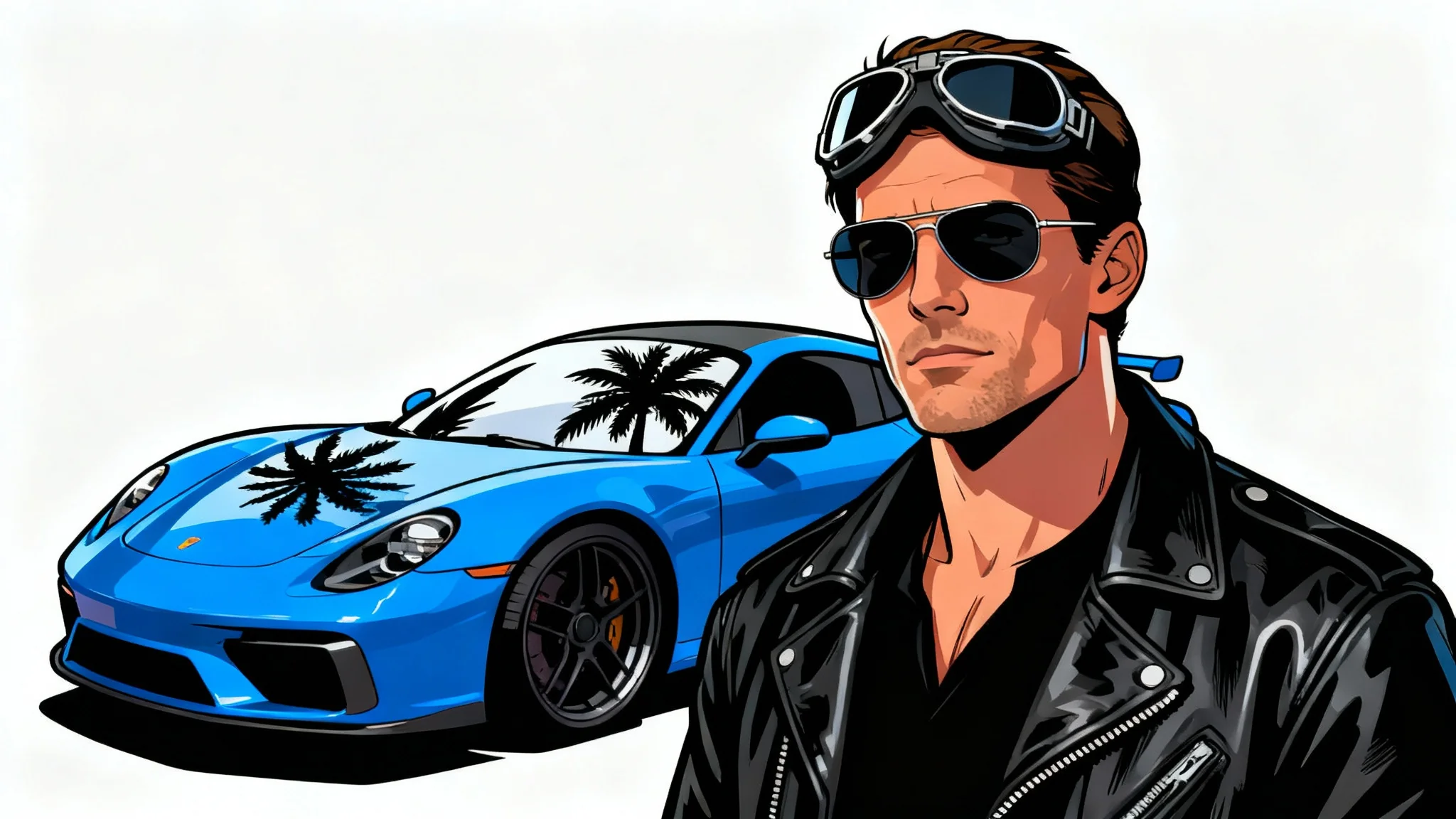 A digital illustration in the iconic Grand Theft Auto art style, featuring a man in a leather jacket and sunglasses in front of a blue sports car, isolated on a white background.