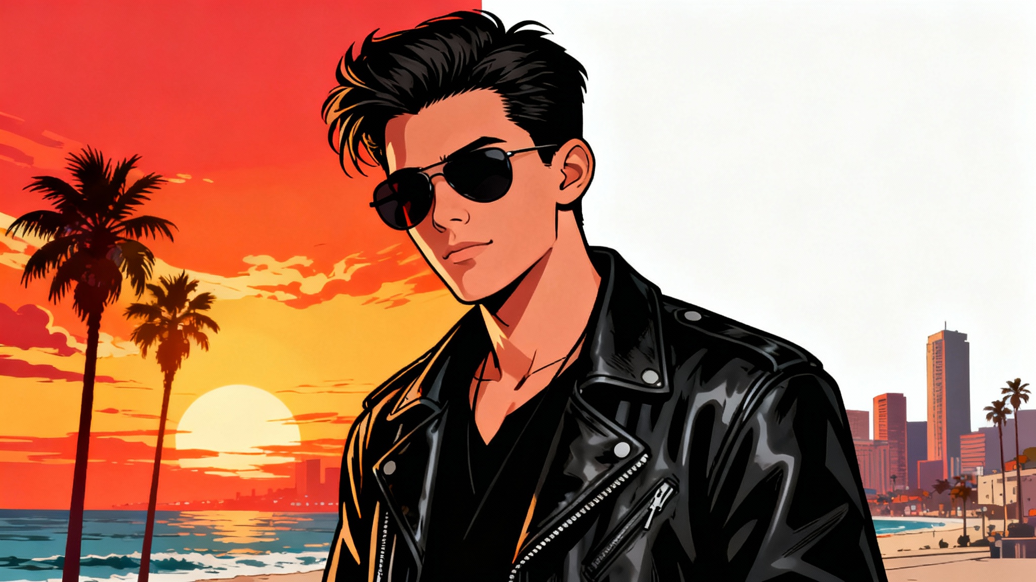 A digital illustration of a man in the style of the Grand Theft Auto video game art, featuring bold outlines and vibrant colors, set against a stylized city sunset.