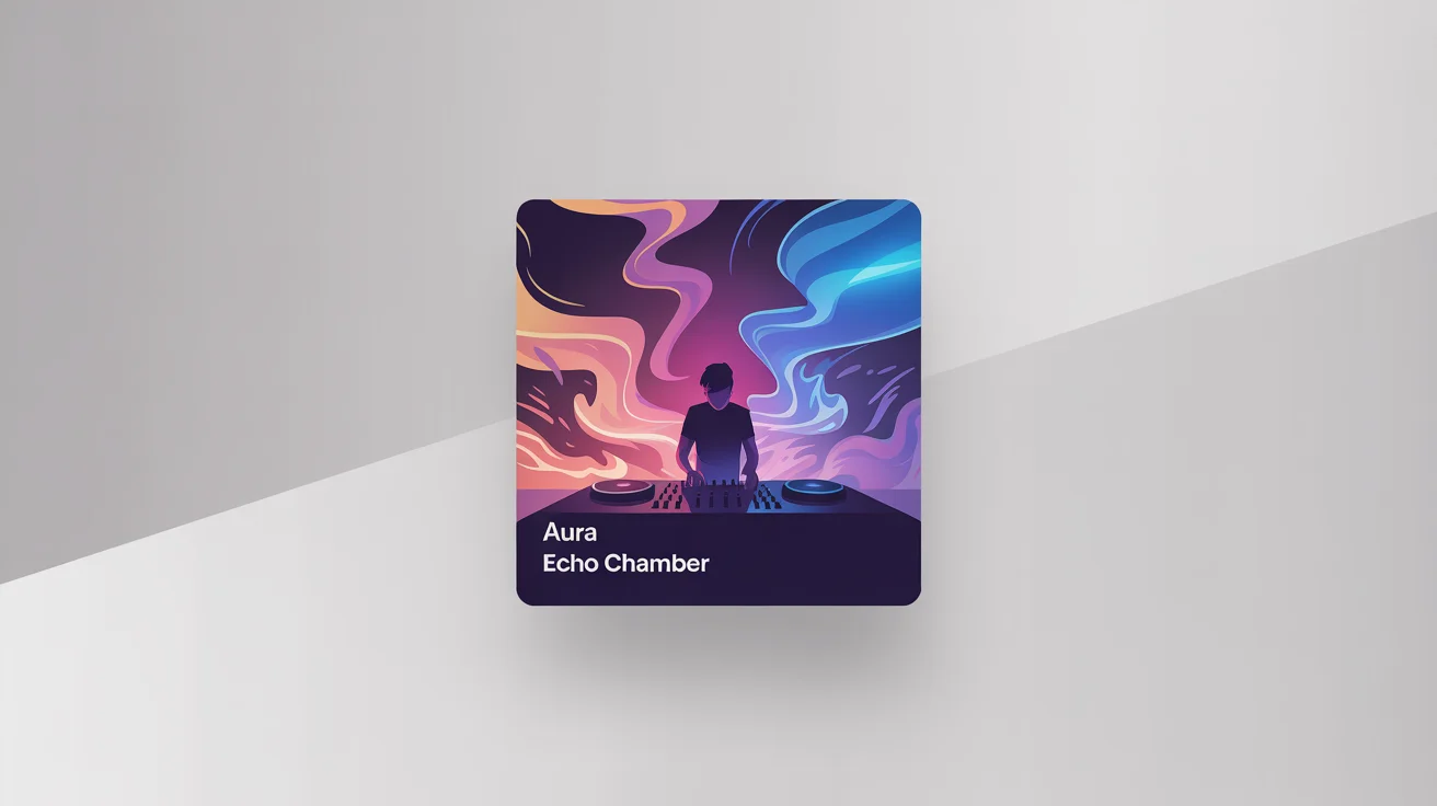 A finished SoundCloud cover art mockup. The square artwork features a DJ silhouette against a vibrant purple and blue gradient, with abstract shapes and sound waves. The artist name 'AURA' and track title 'ECHO CHAMBER' are written in a modern font.
