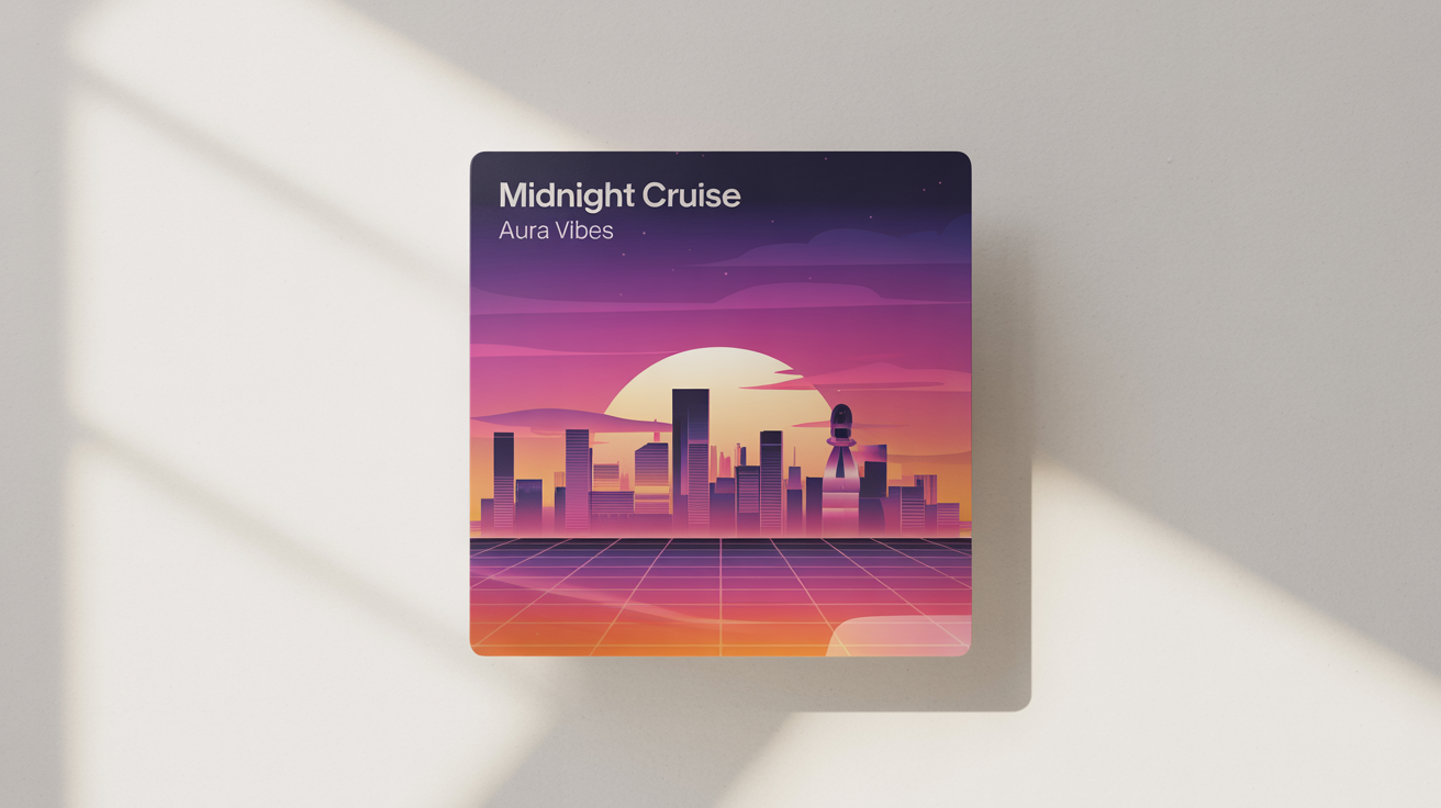 A mockup of a square SoundCloud cover art for a lo-fi track. The art shows a neon city skyline at dusk, with the artist name 'AURA VIBES' and track title 'Midnight Cruise' in modern text.