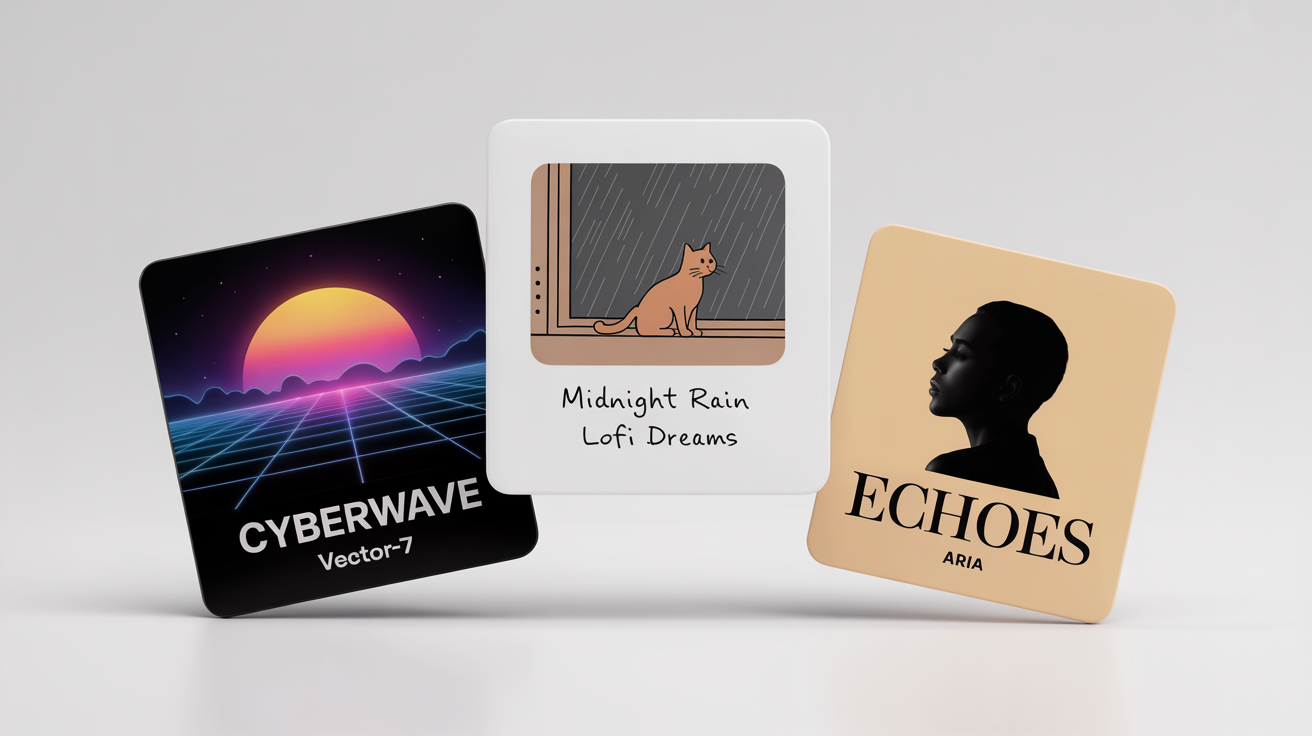 A showcase of three different SoundCloud cover art designs on a white background, representing various music genres like synthwave, lo-fi, and R&B.