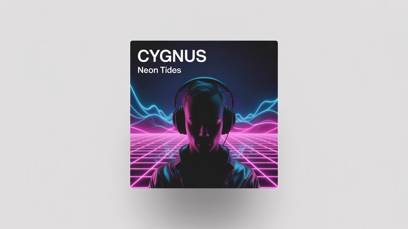 A futuristic SoundCloud cover art mockup for an electronic music track, featuring a neon-lit silhouette against a grid background, with the fictional artist name 'CYGNUS' and track title 'NEON TIDES'.