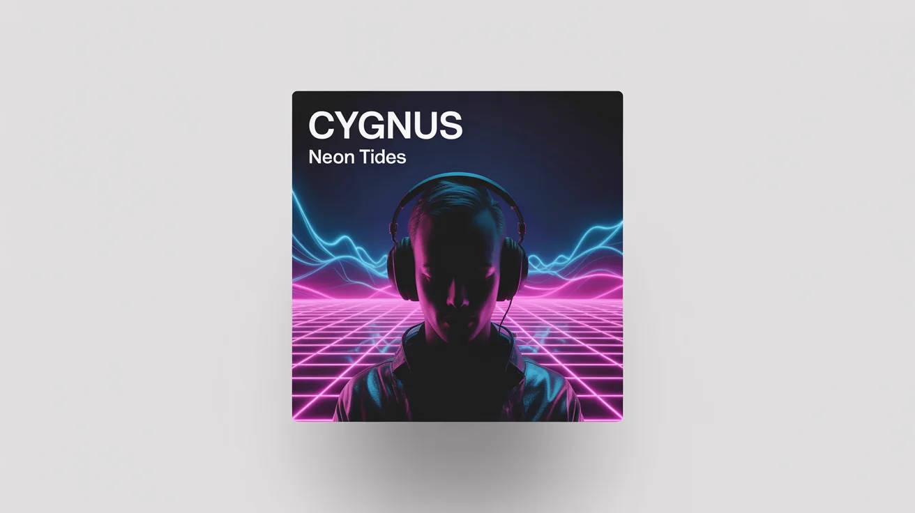 A futuristic SoundCloud cover art mockup for an electronic music track, featuring a neon-lit silhouette against a grid background, with the fictional artist name 'CYGNUS' and track title 'NEON TIDES'.