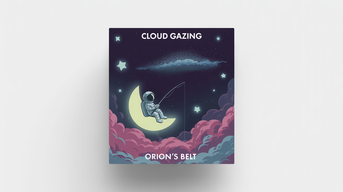 A mockup of a SoundCloud cover art showing an astronaut fishing from the moon into clouds, with the title 'Cloud Gazing' and artist 'Orion's Belt'.