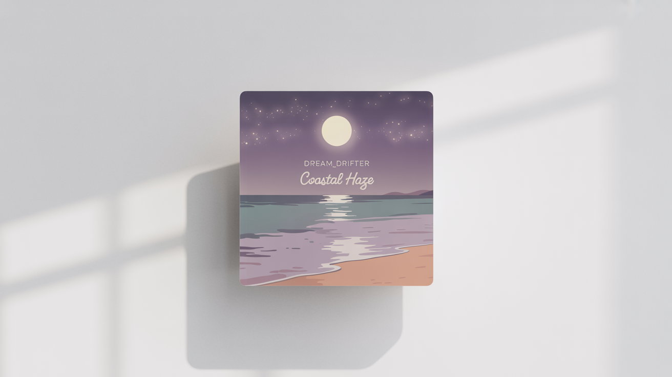 A mockup of a square SoundCloud cover art titled 'Coastal Haze' by 'DREAM_DRIFTER'. The artwork shows a minimalist illustration of a calm pastel-colored ocean at twilight under a full moon, set against a clean white background.