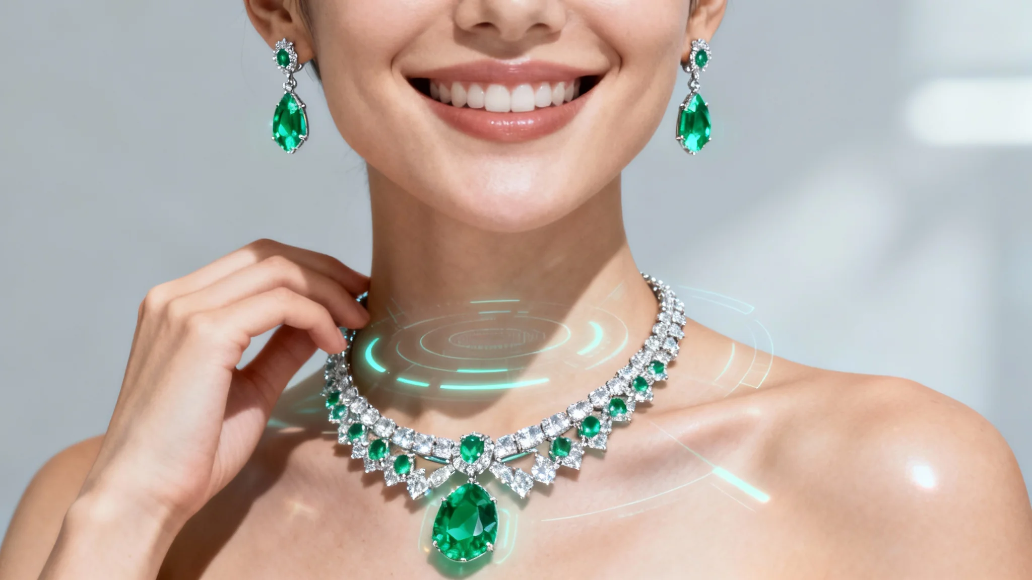 A close-up photo of a woman smiling, showcasing a virtual try-on of a beautiful emerald and diamond necklace and earrings that look completely real.
