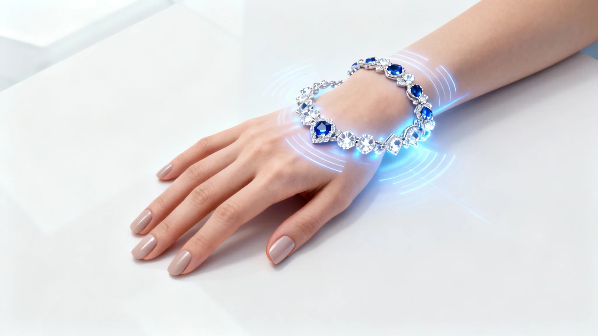 A top-down view of a woman's hand on a white surface, with a photorealistic virtual necklace projected onto her wrist like a bracelet, demonstrating a virtual jewelry try-on.