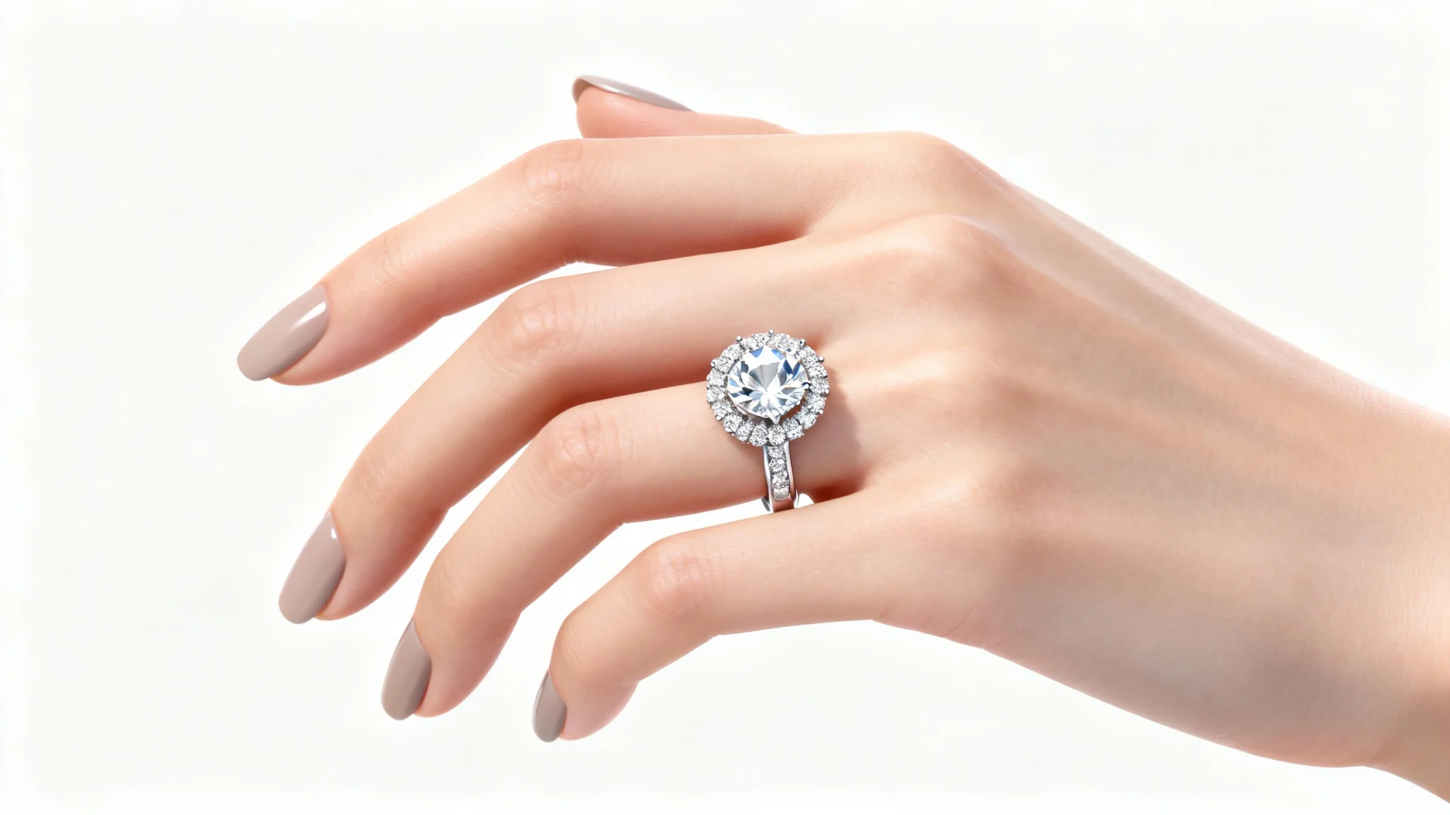 A photorealistic close-up of a woman's hand wearing an exquisite virtual diamond ring against a clean white background, demonstrating a virtual jewelry try-on.