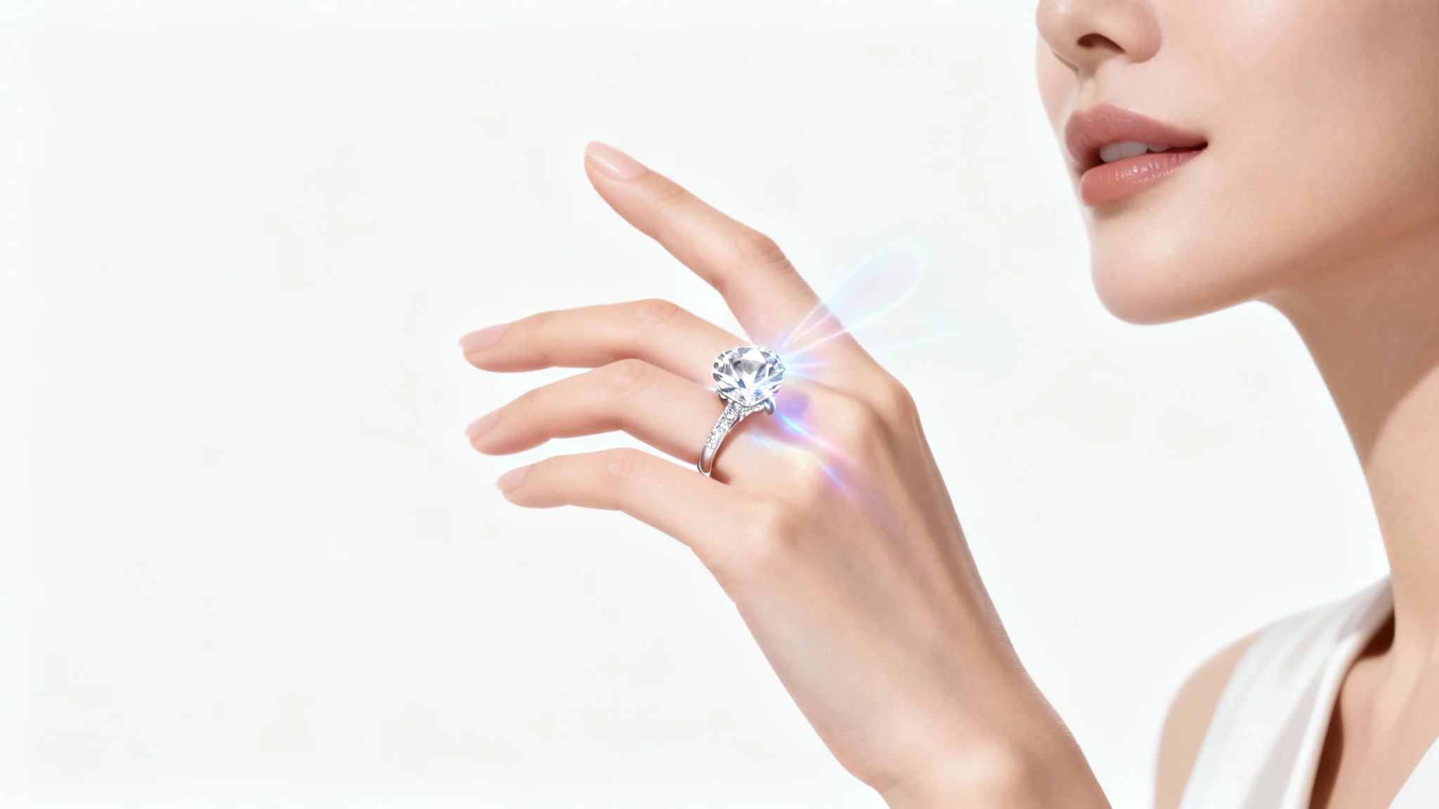 A close-up image showing a realistic virtual diamond ring perfectly placed on a woman's finger, demonstrating a virtual jewelry try-on.