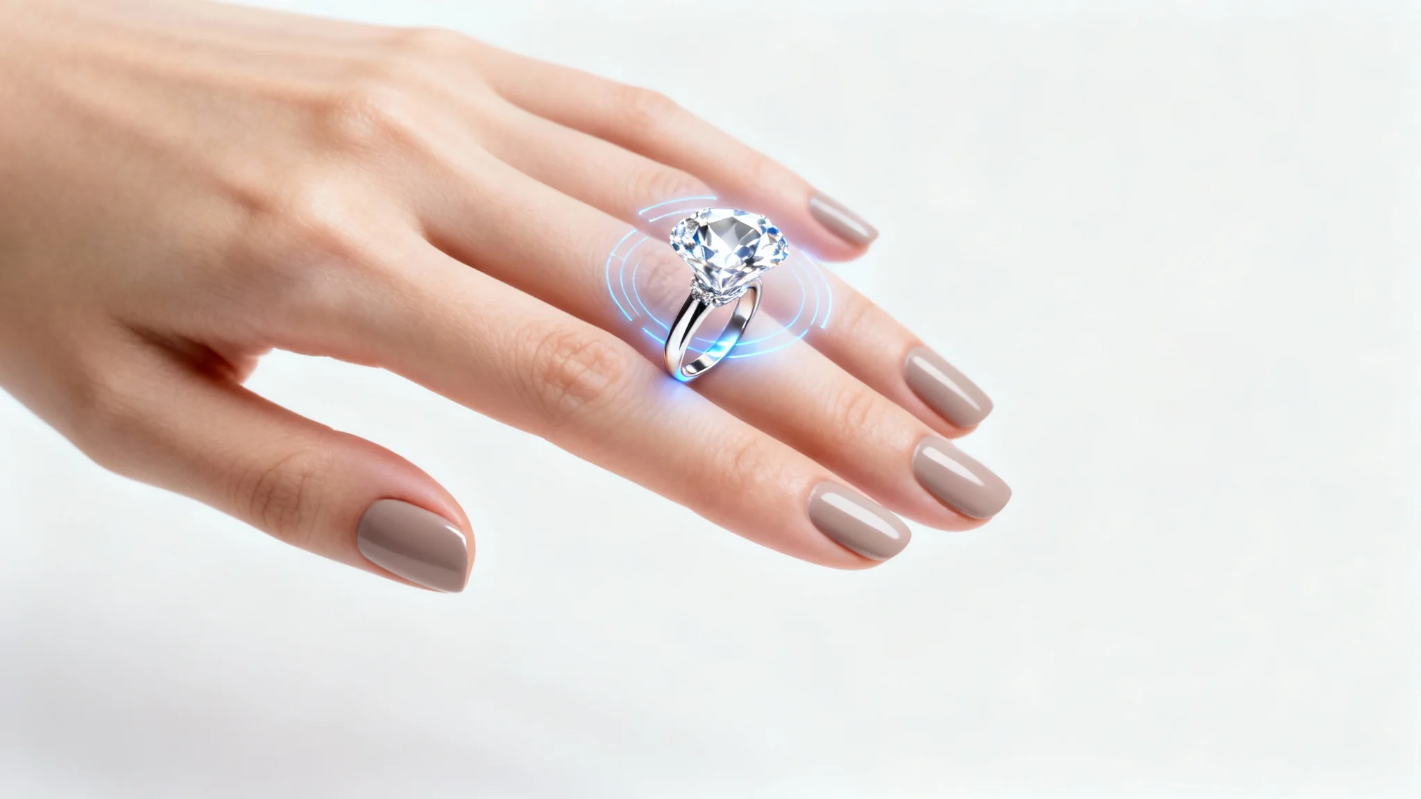 A close-up photograph of a woman's hand with a virtual diamond ring projected onto her finger, set against a clean white background to illustrate a virtual jewelry try-on.