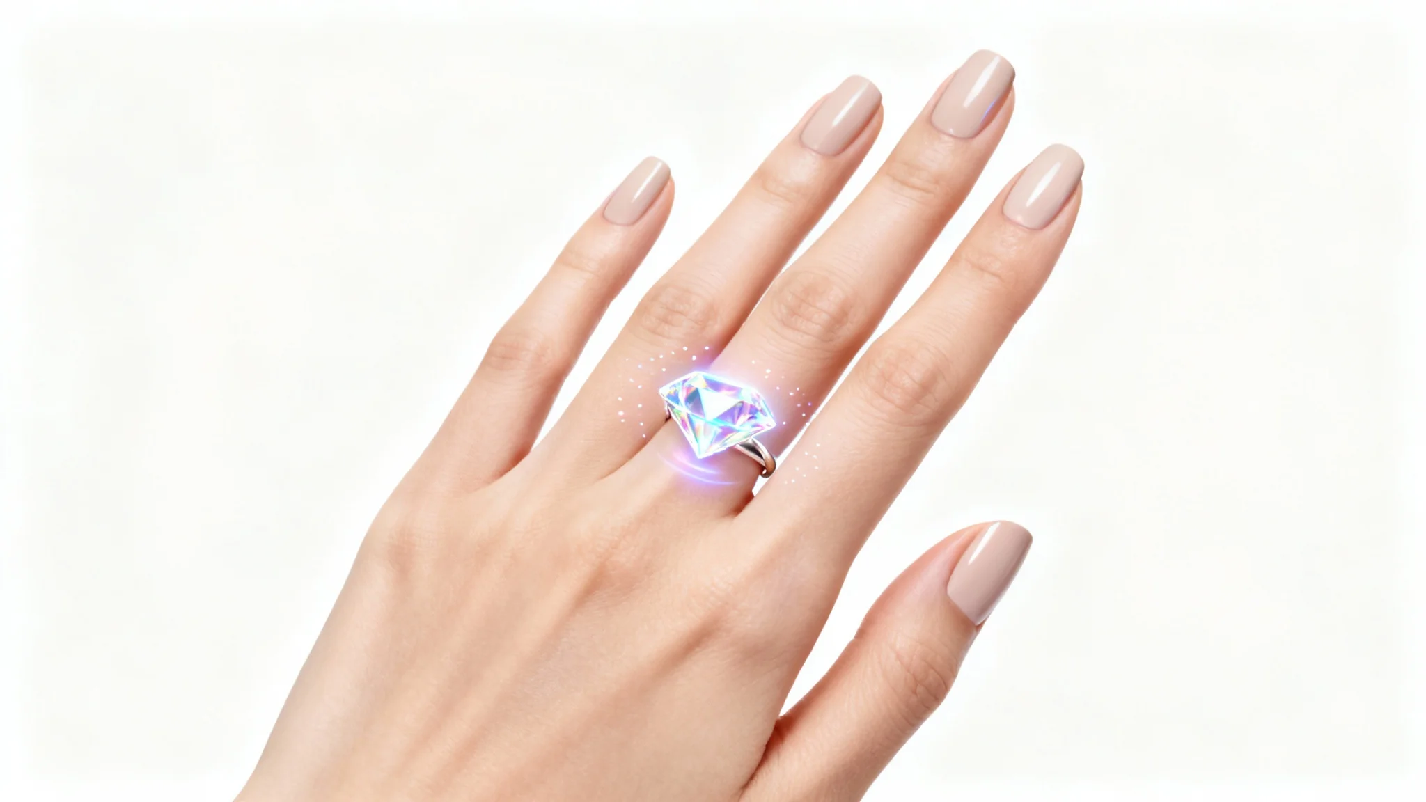 A close-up of a woman's hand with a virtually projected holographic diamond ring on her finger, set against a plain white background to demonstrate a virtual jewelry try-on.