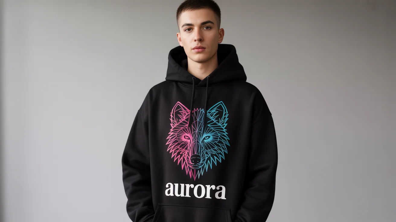 A professional mockup of a person wearing a black hoodie featuring a vibrant geometric wolf graphic and the word 'AURORA' in a studio.