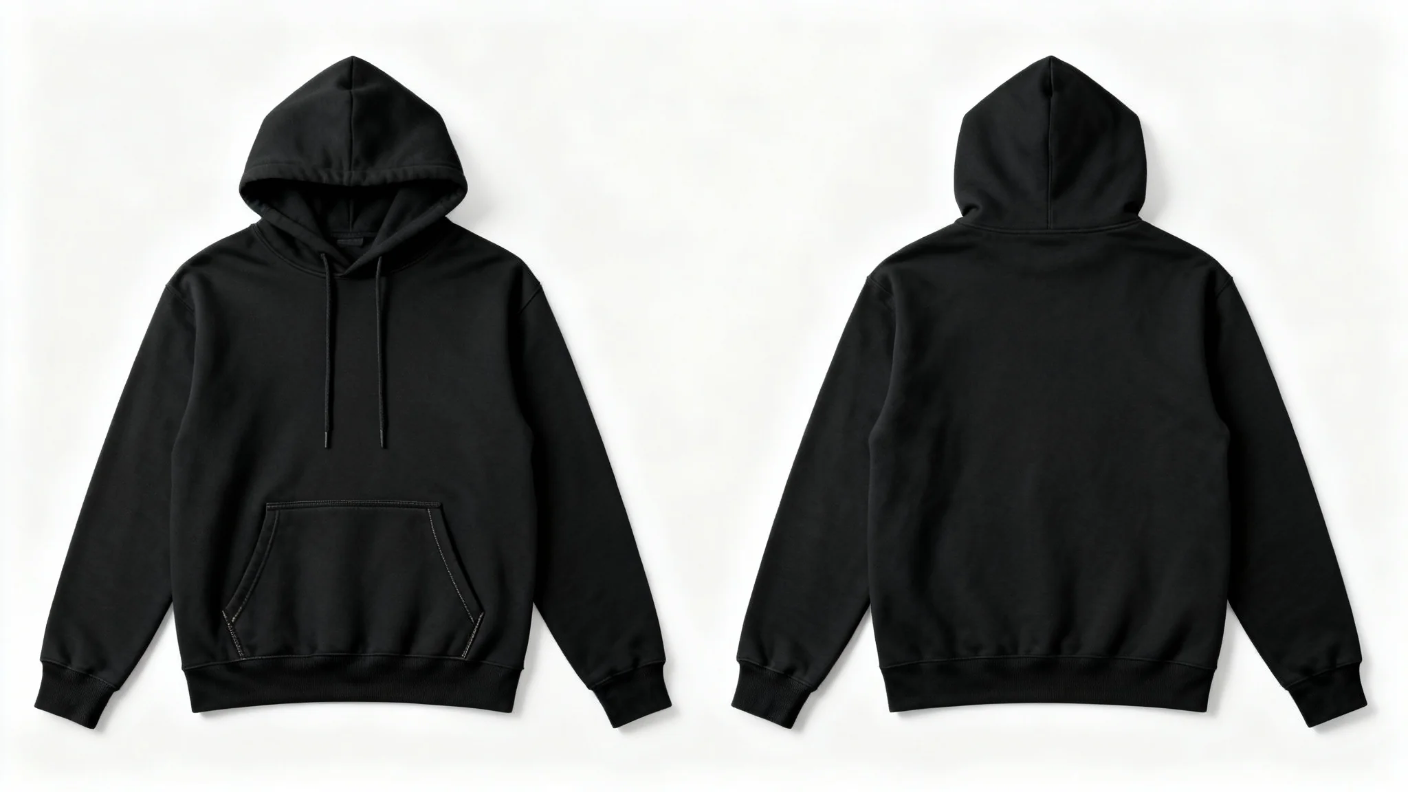 A high-quality, professional product mockup of a blank black hoodie laid flat on a clean white background, showcasing its texture and details.