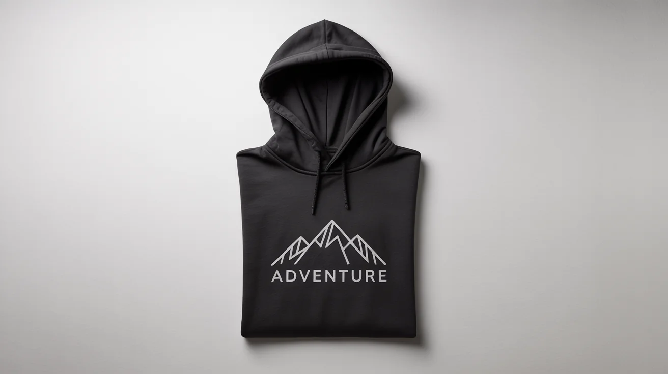 A top-down view of a black hoodie laid flat on a white background. It features a white graphic of a mountain range and the word 'ADVENTURE' on the chest.
