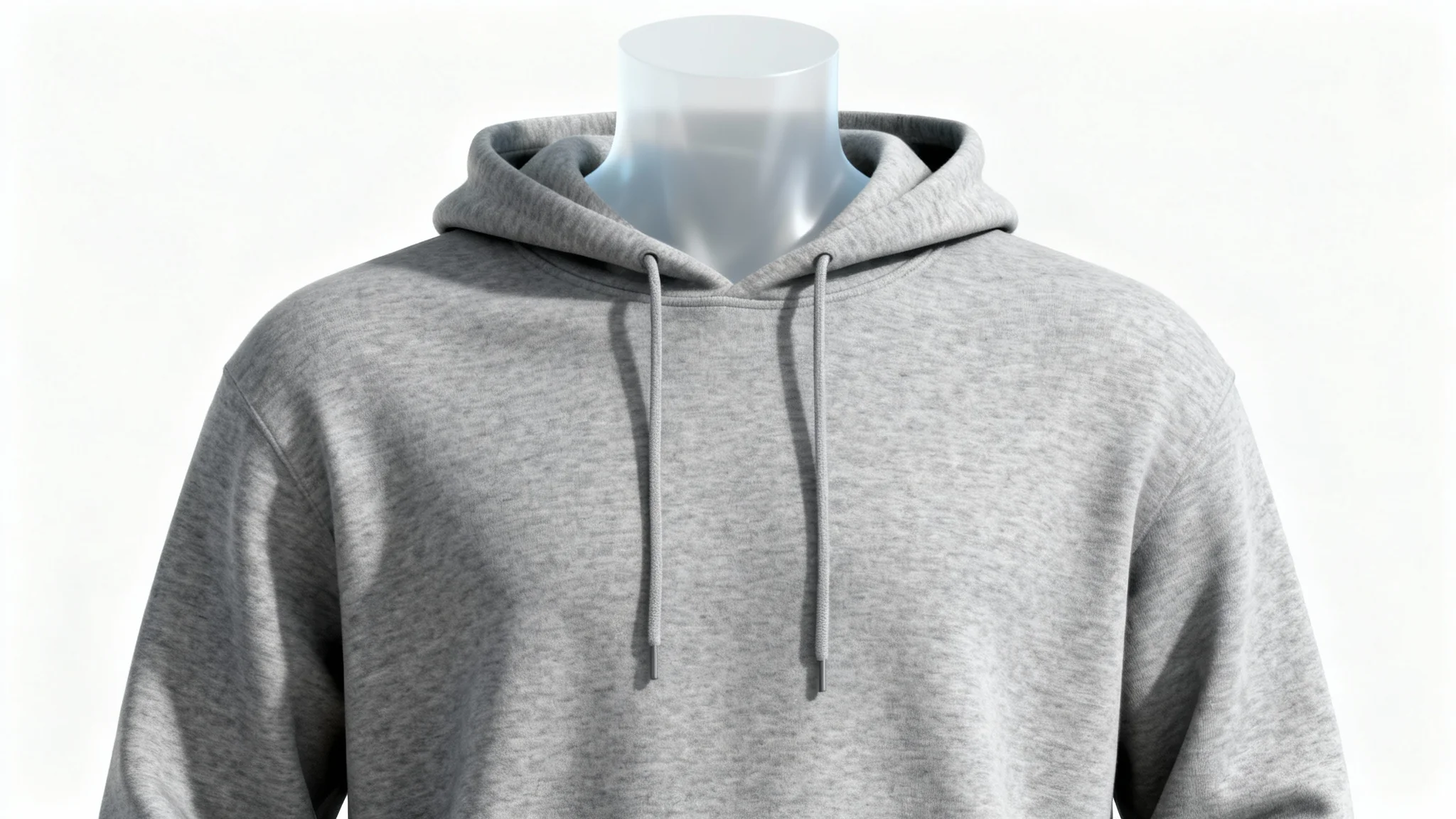 A front view of a blank, heather gray hoodie mockup presented on an invisible mannequin against a clean white background.