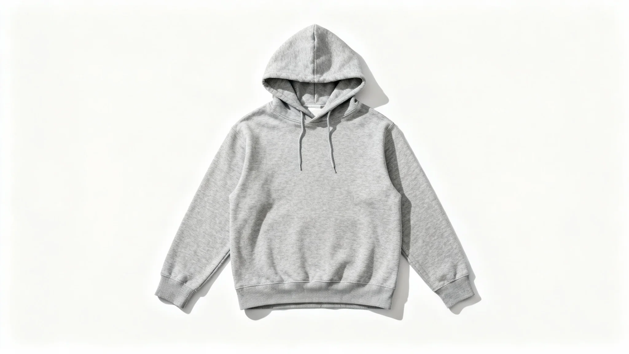 A top-down, flat lay photograph of a blank heather grey hoodie on a white background, presented as a clean mockup for custom designs.