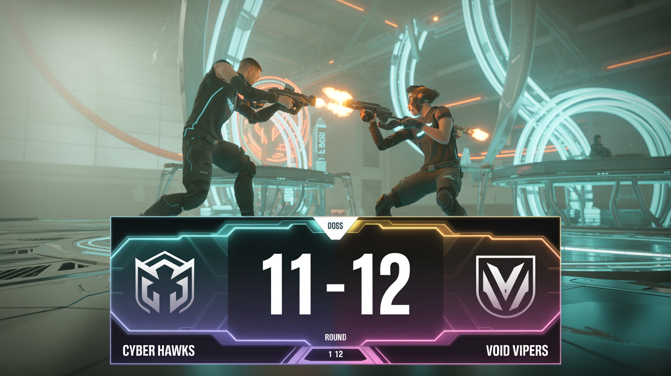 A screenshot of an esports livestream showing a custom scoreboard overlay at the top. The scoreboard has a modern design with blue and orange colors, displaying a match between 'CYBER HAWKS' and 'VOID VIPERS' with a score of 11 to 12. The background is an action scene from a futuristic video game.