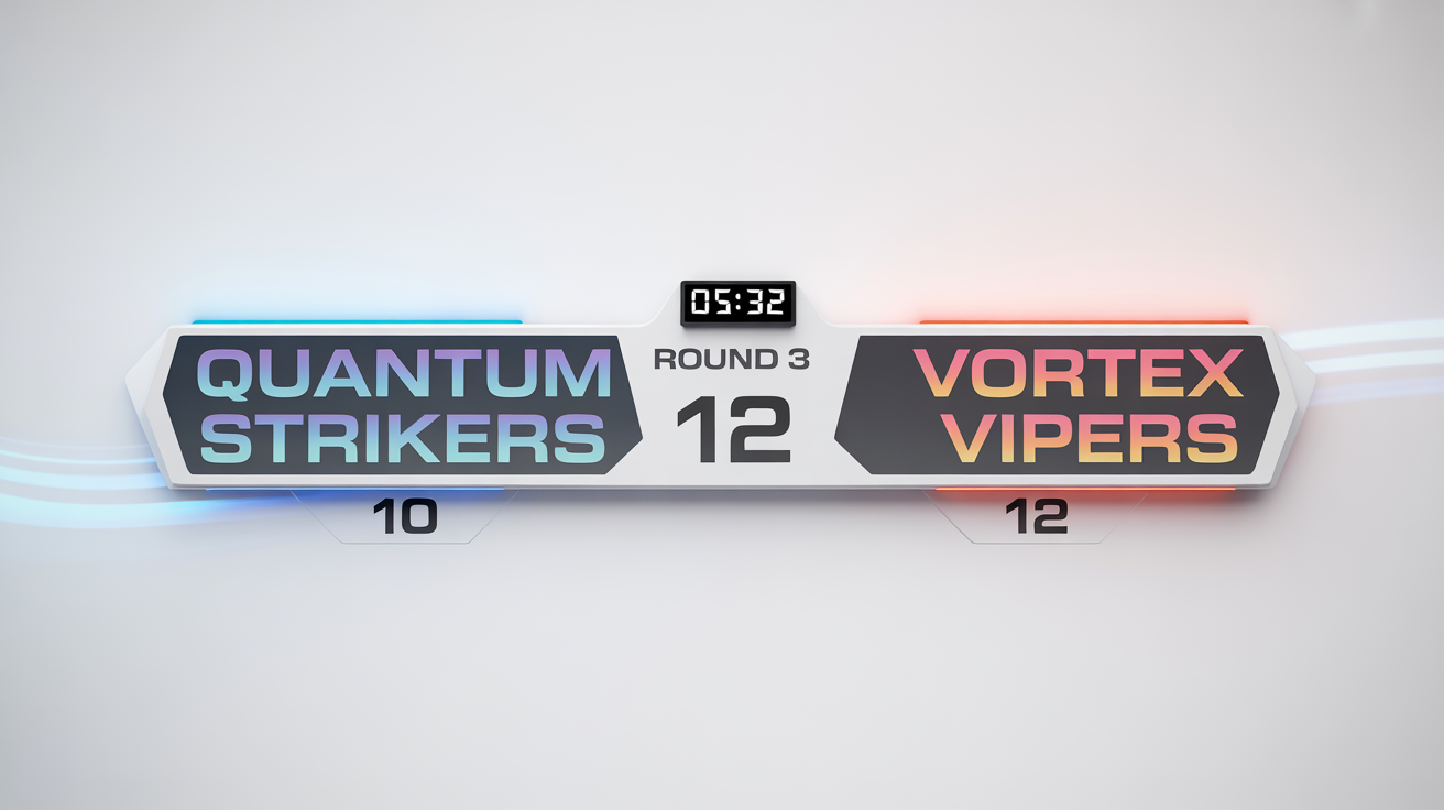 A mockup of a futuristic esports scoreboard for live streaming, displaying scores for the 'Quantum Strikers' and 'Vortex Vipers' teams against a clean white background.