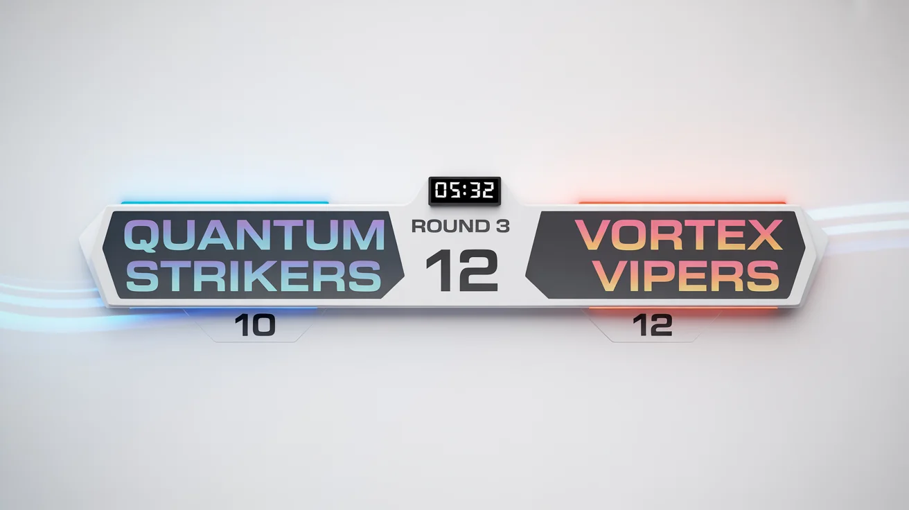 A mockup of a futuristic esports scoreboard for live streaming, displaying scores for the 'Quantum Strikers' and 'Vortex Vipers' teams against a clean white background.