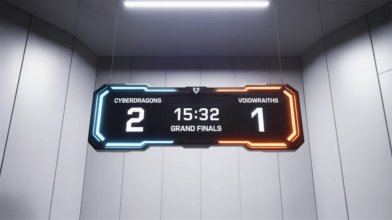 A futuristic esports scoreboard mockup showing a match between the 'CYBERDRAGONS' and 'VOIDWRAITHS' during the 'GRAND FINALS'. The score is 2 to 1.