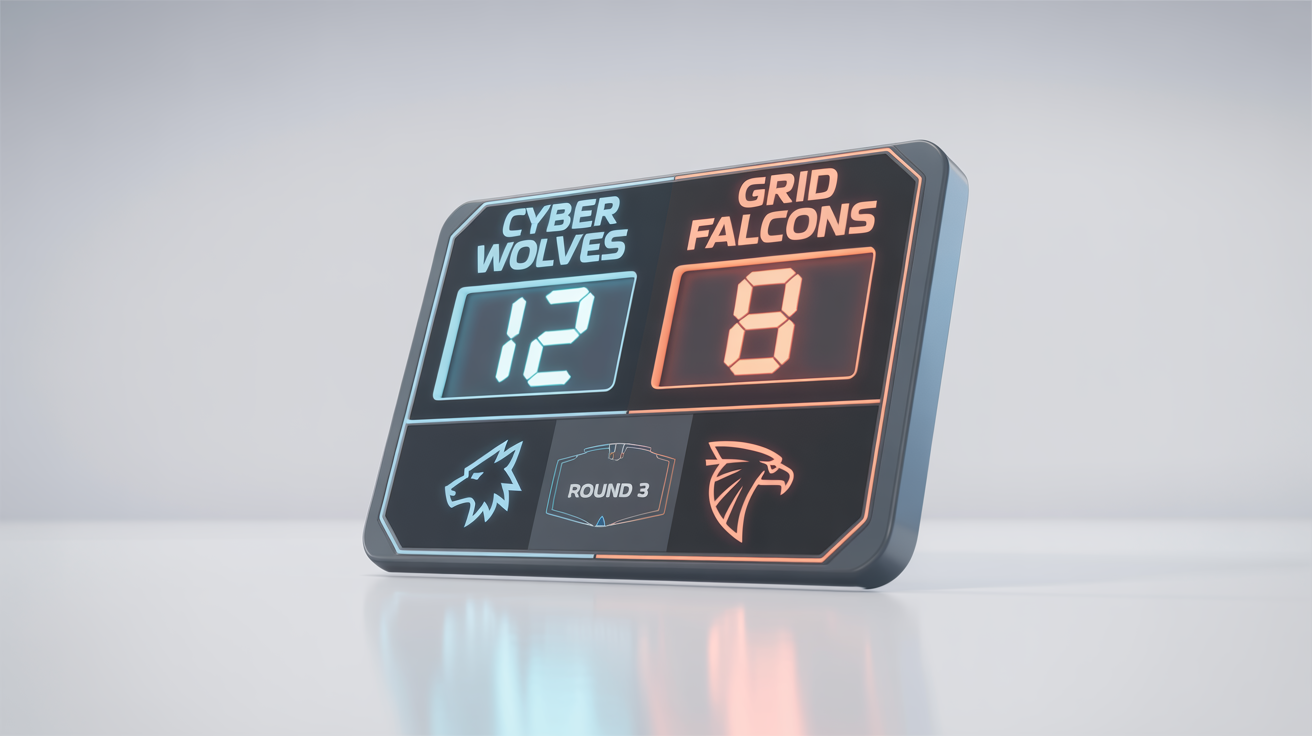 A futuristic digital scoreboard for an e-sports tournament, displaying team names 'CYBER WOLVES' and 'GRID FALCONS' with scores 12-8, presented as a mockup on a white background.