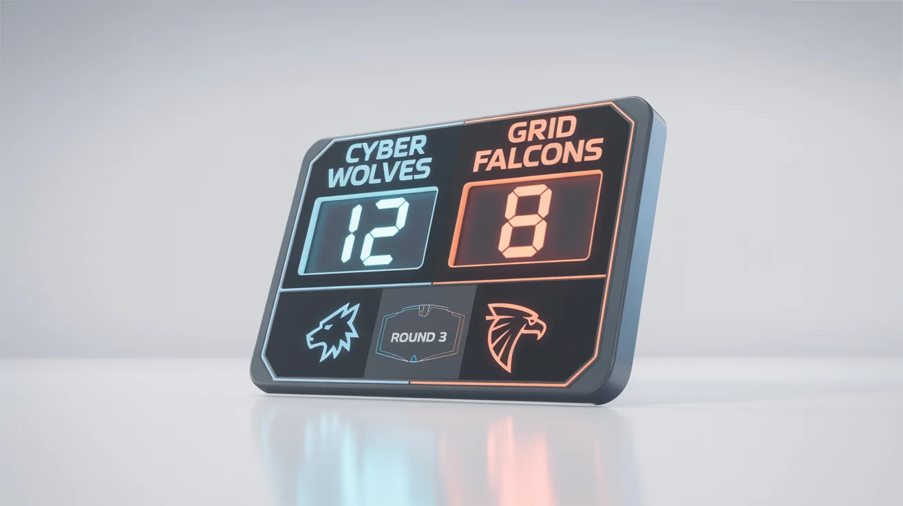 A futuristic digital scoreboard for an e-sports tournament, displaying team names 'CYBER WOLVES' and 'GRID FALCONS' with scores 12-8, presented as a mockup on a white background.