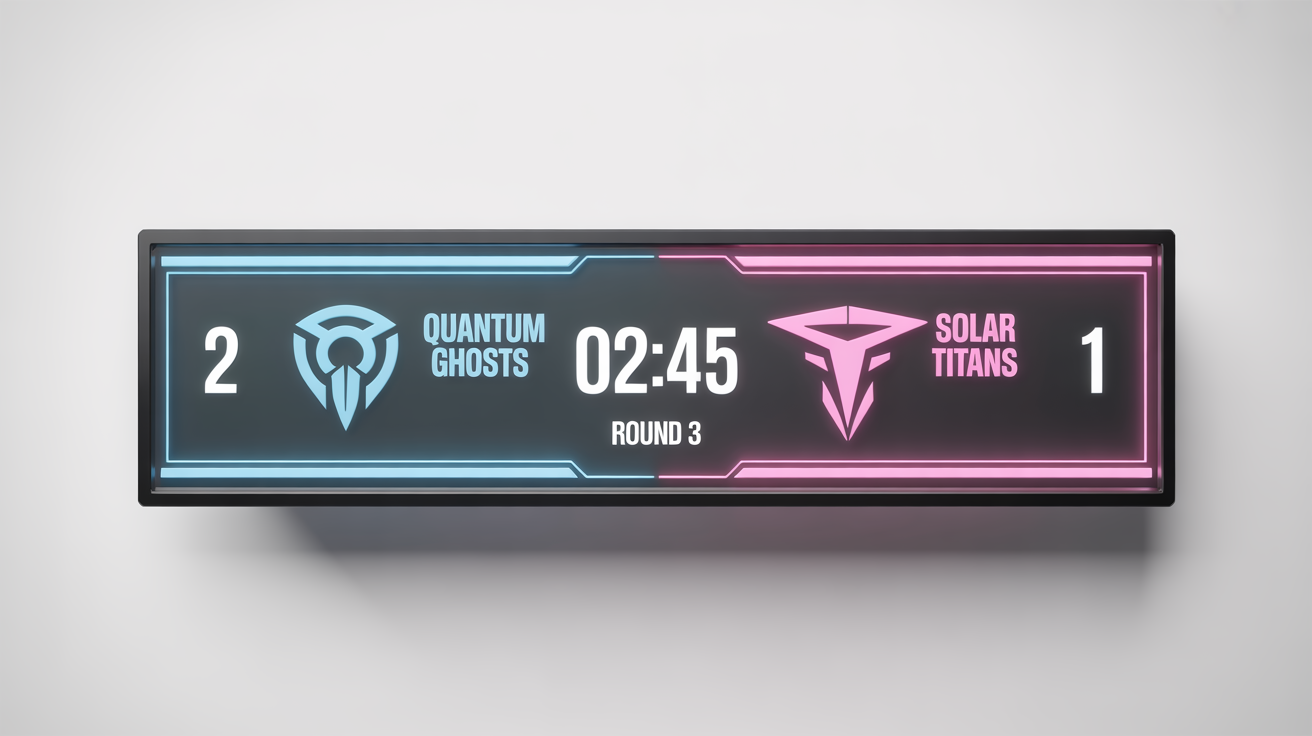 A mockup of a modern, sleek OBS scoreboard for esports, showing team names 'Quantum Ghosts' and 'Solar Titans' with scores, isolated on a white background.