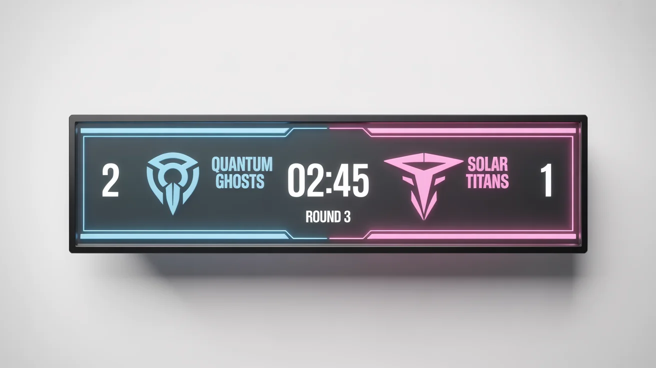 A mockup of a modern, sleek OBS scoreboard for esports, showing team names 'Quantum Ghosts' and 'Solar Titans' with scores, isolated on a white background.