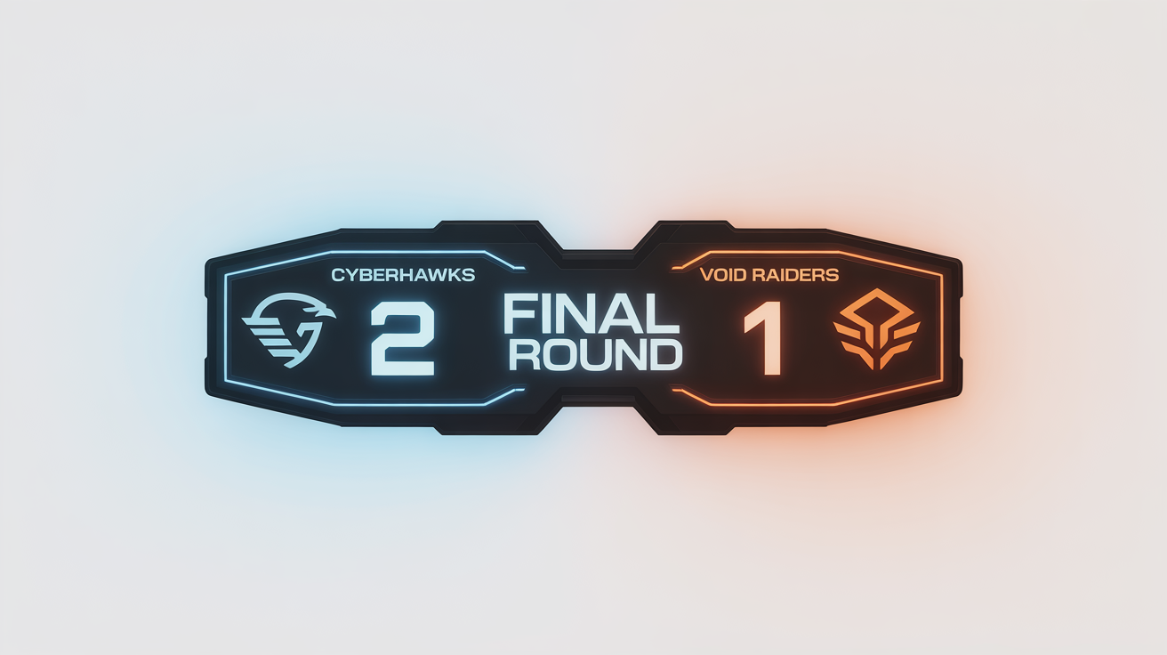 A futuristic esports scoreboard mockup showing a match between 'CYBERHAWKS' and 'VOID RAIDERS' with a score of 2 to 1. The design is dark with blue and orange neon highlights, presented on a white background.