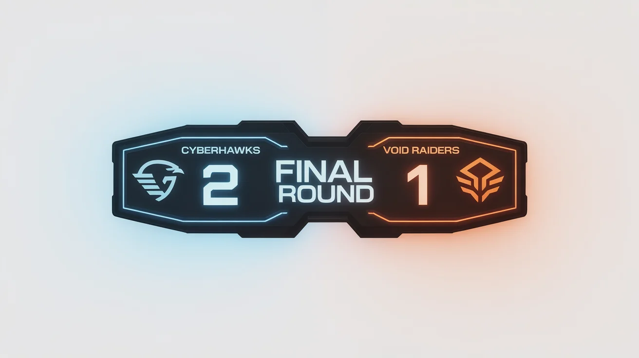 A futuristic esports scoreboard mockup showing a match between 'CYBERHAWKS' and 'VOID RAIDERS' with a score of 2 to 1. The design is dark with blue and orange neon highlights, presented on a white background.