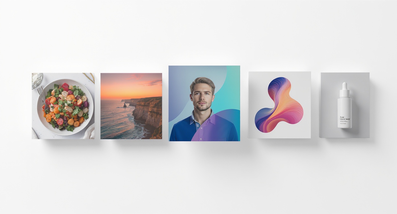 A collection of diverse, high-quality images arranged on a white background, representing custom content for blogs, websites, and social media. Includes images of food, landscapes, portraits, and products.
