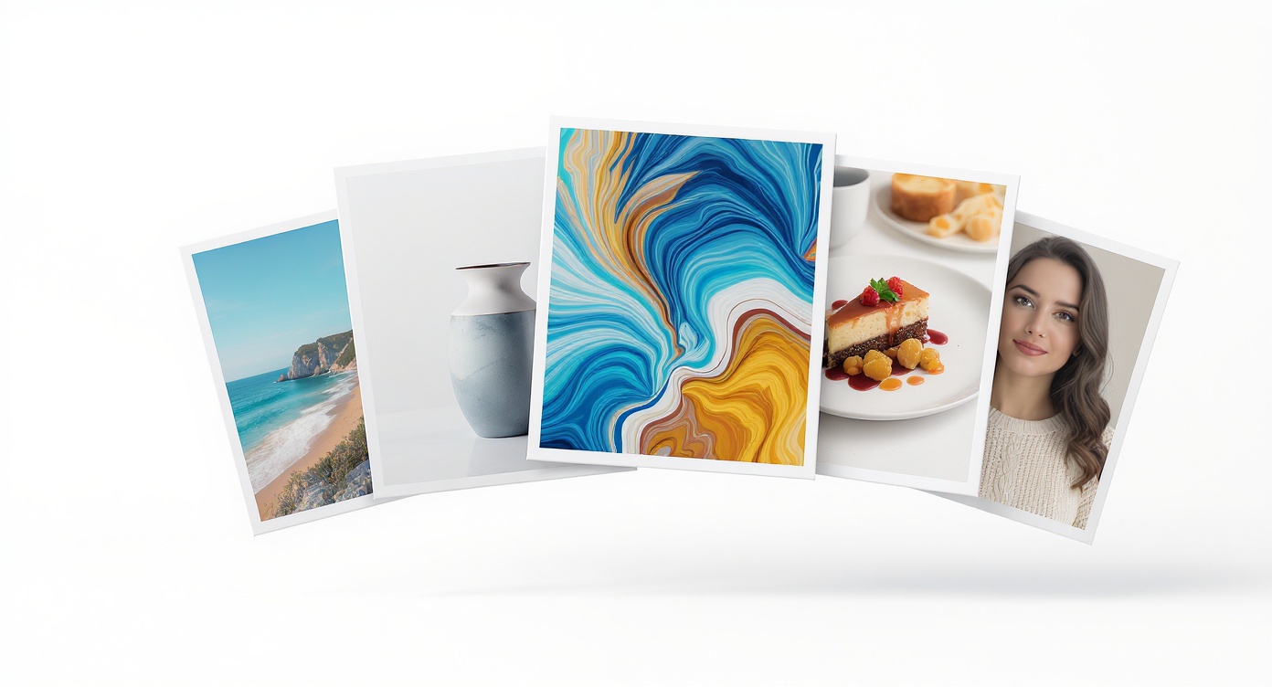 A collection of diverse, high-quality images, including a landscape, a product, an abstract design, and food, arranged in a dynamic, overlapping composition against a white background, representing creative image generation.