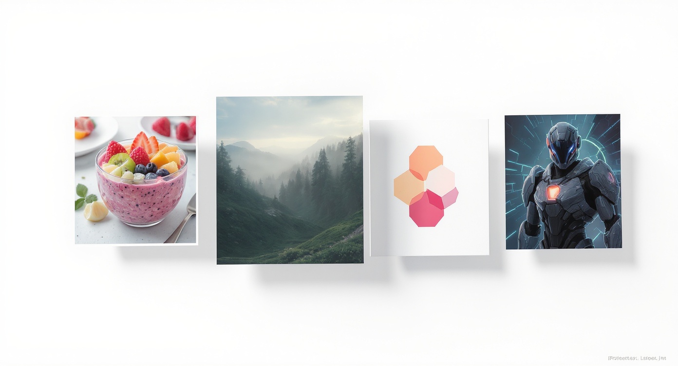 A collage of four distinct images floating on a white background, including a food photo, a landscape, an abstract graphic, and a sci-fi illustration, representing custom image generation for various projects.