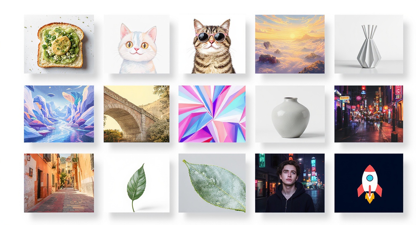 A 3x3 grid of nine diverse images showcasing different artistic styles, including a food photograph, a watercolor cat, a fantasy landscape, and an abstract 3D render, all on a clean white background.