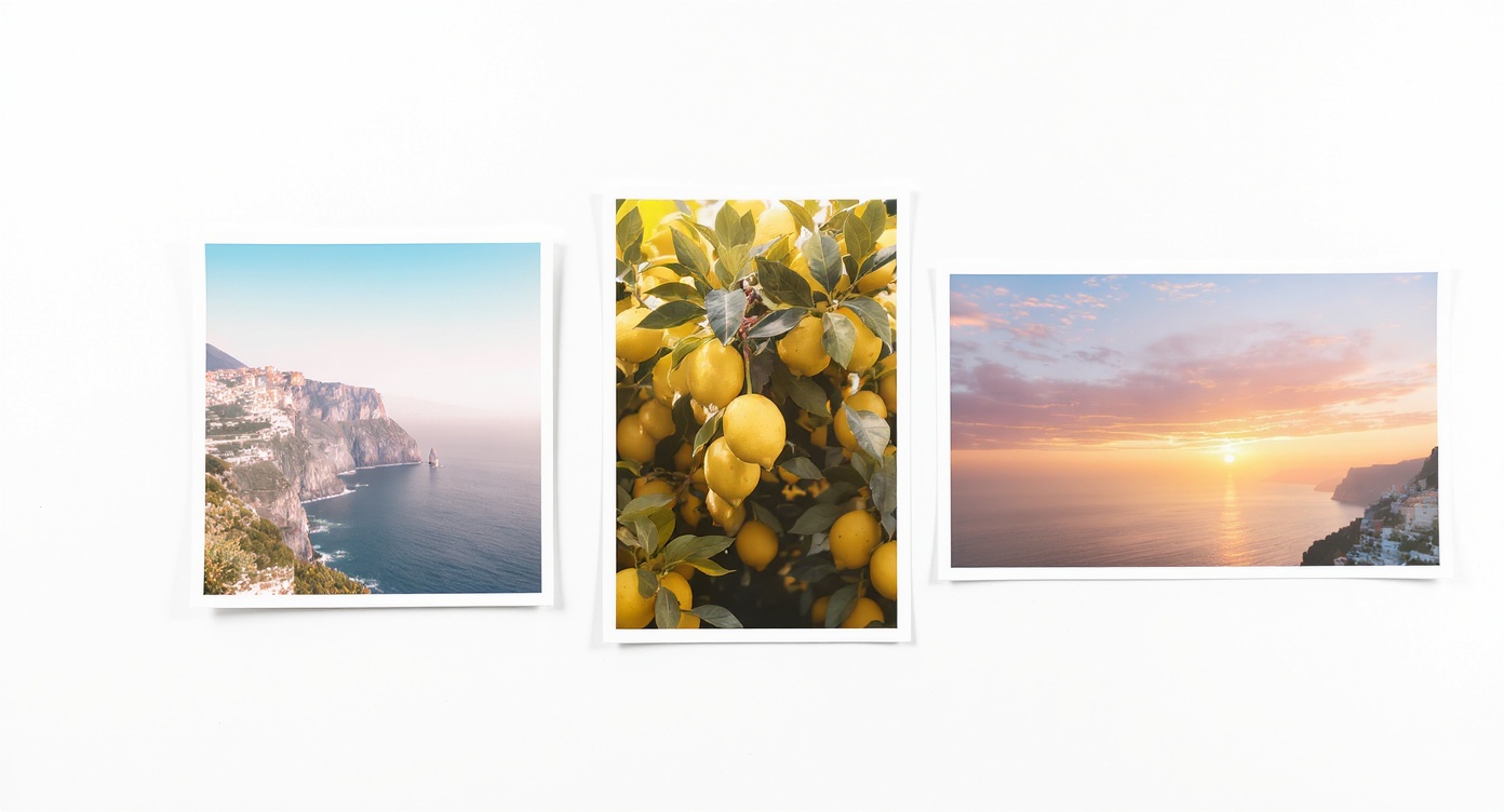 A collection of three custom-generated images for a travel blog, displayed in different social media and website formats, all featuring a cohesive, professional style with scenes from the Amalfi Coast.