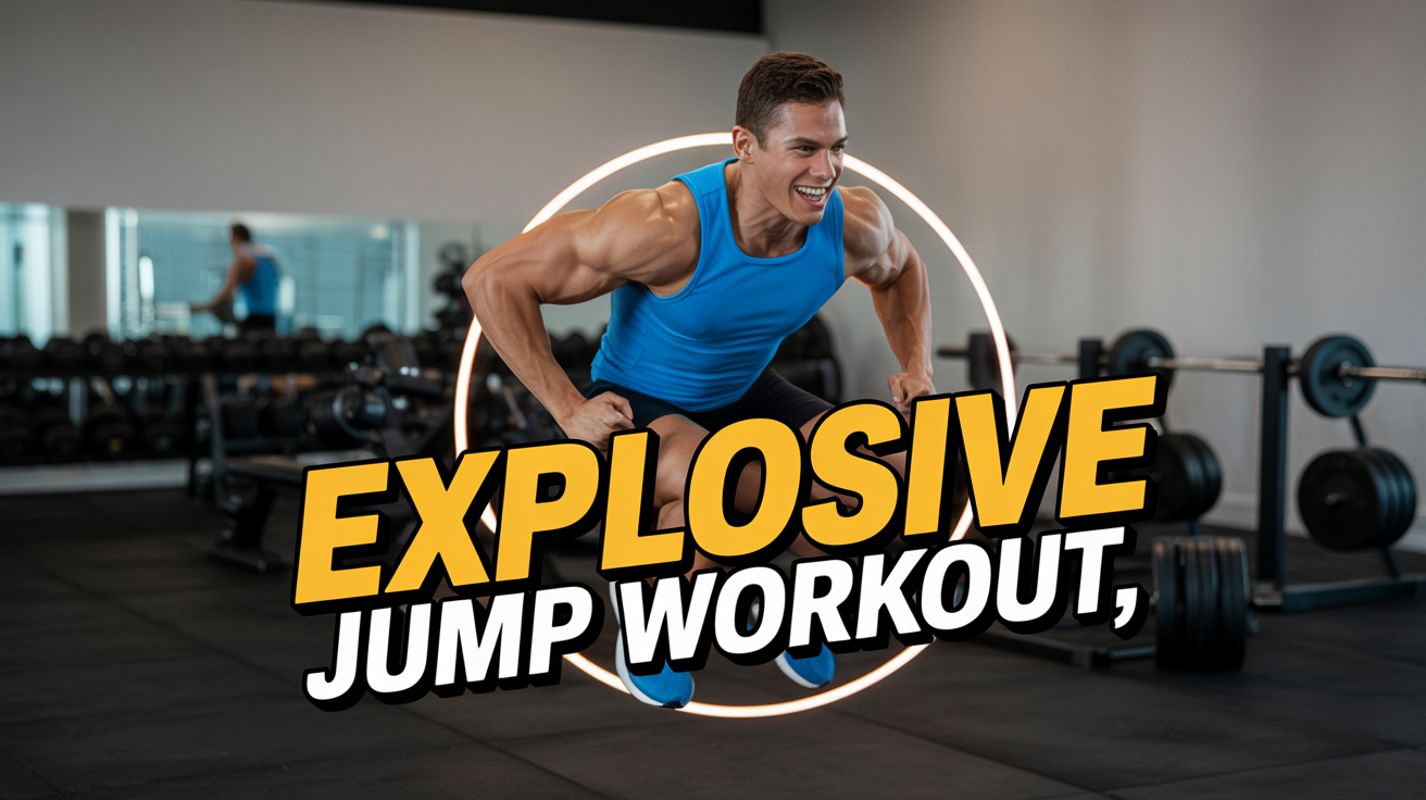 A professionally designed YouTube fitness thumbnail showing a muscular man mid-jump in a gym. The text 'EXPLOSIVE JUMP WORKOUT' is overlaid in bold yellow and white letters. The man is outlined in a glowing white to make him stand out from the background.