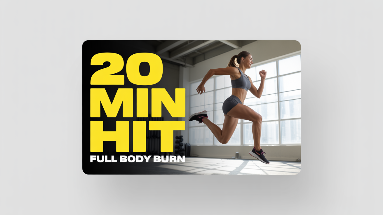 A mockup of a YouTube fitness thumbnail showing an athletic woman mid-workout, with bold text that reads '20 MIN HIIT' and 'FULL BODY BURN'. The mockup is on a white background.