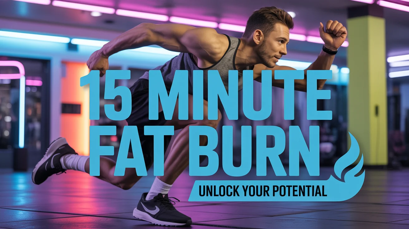 A mockup of a YouTube fitness thumbnail featuring a muscular man working out. The thumbnail has bold text that reads '15 MINUTE FAT BURN' and is displayed against a plain white background.
