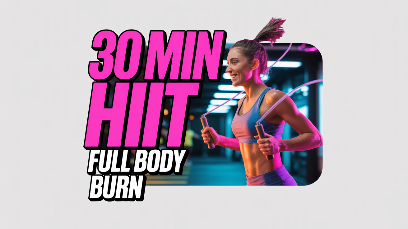 A YouTube fitness thumbnail mockup for a high-intensity interval training (HIIT) workout. It shows an athletic woman jumping rope, with bold text that reads '30 MIN HIIT' and 'FULL BODY BURN'.