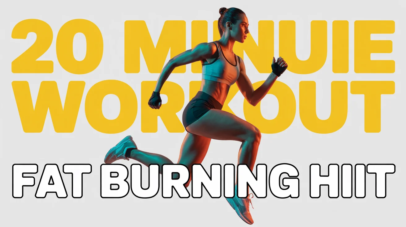 A mockup of a YouTube fitness thumbnail showing a fit woman in a dynamic workout pose against a white background. Bold text reads '20 MINUTE WORKOUT' and 'FAT BURNING HIIT'.
