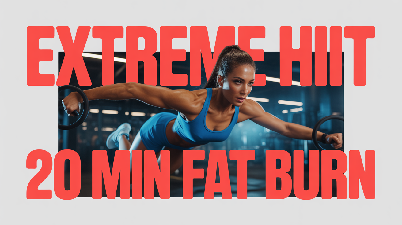 A mockup of a vibrant YouTube fitness thumbnail showing an athletic woman working out. The thumbnail has bold text that reads 'EXTREME HIIT' and '20 MIN FAT BURN'.