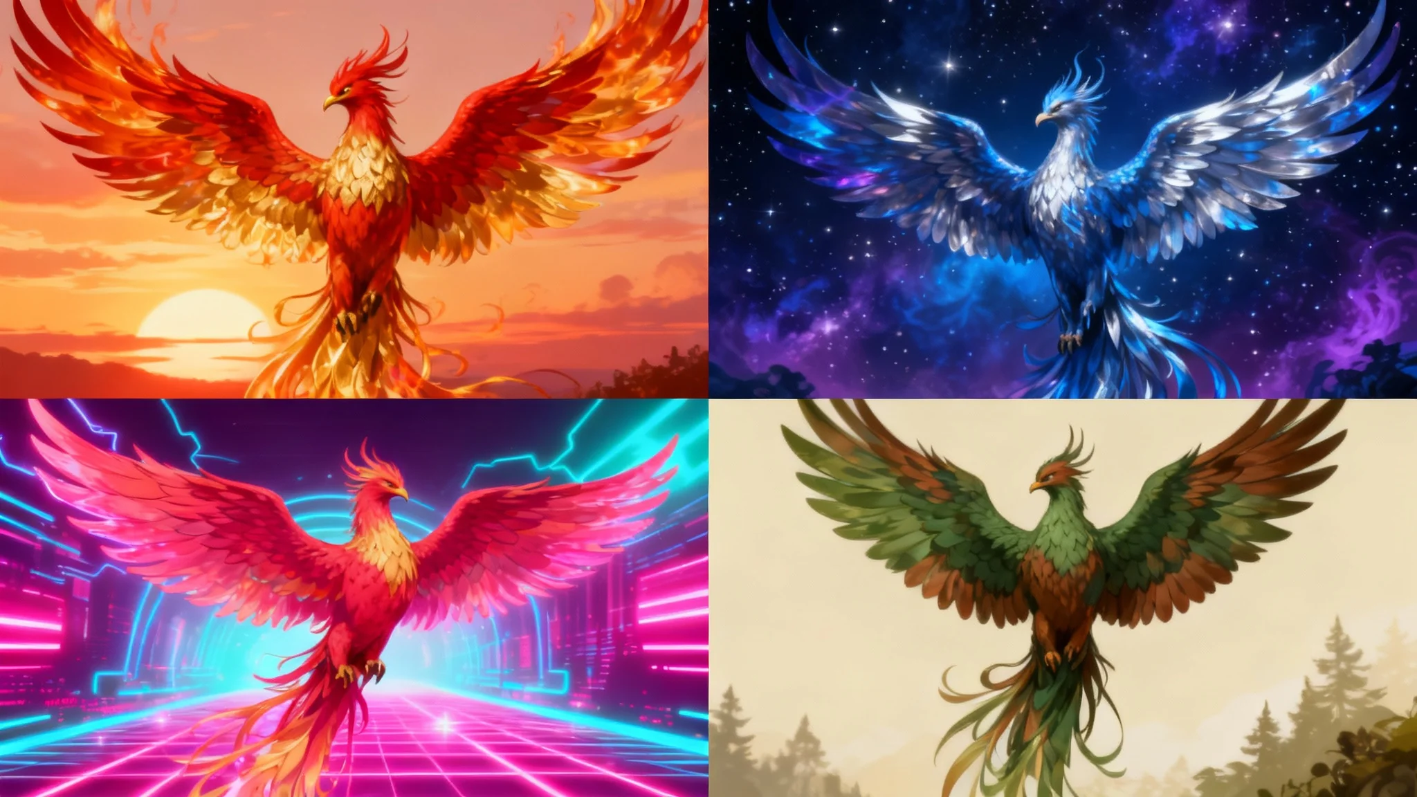 A side-by-side comparison image split into four quadrants, each showing the same illustration of a phoenix but with a different color palette: one fiery, one mystical blue, one neon pink, and one earthy green, demonstrating a palette swap effect.