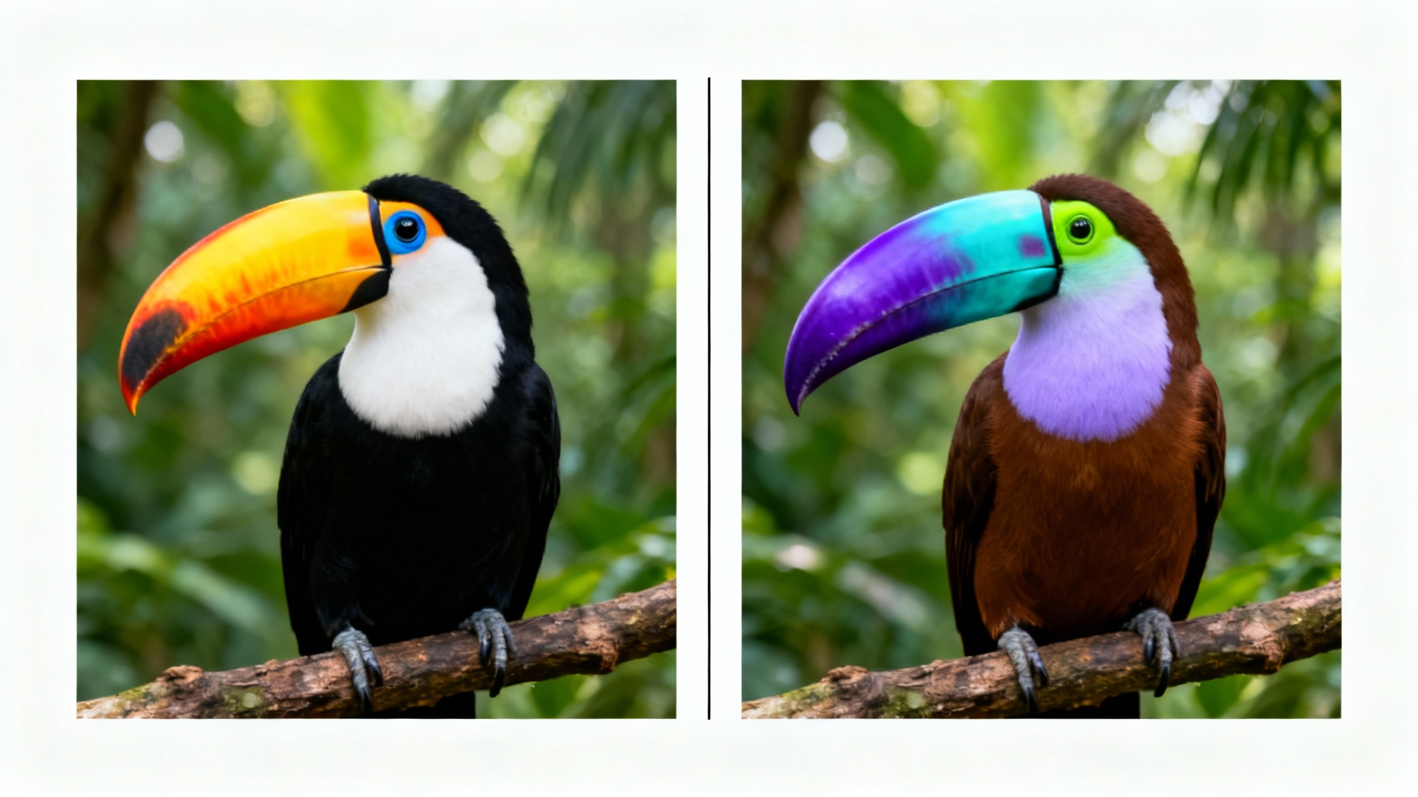 A side-by-side comparison of a toucan. The left image shows the toucan in its natural vibrant colors, while the right image shows the same bird with its colors dramatically swapped to purples, cyans, and greens, illustrating a palette swap.