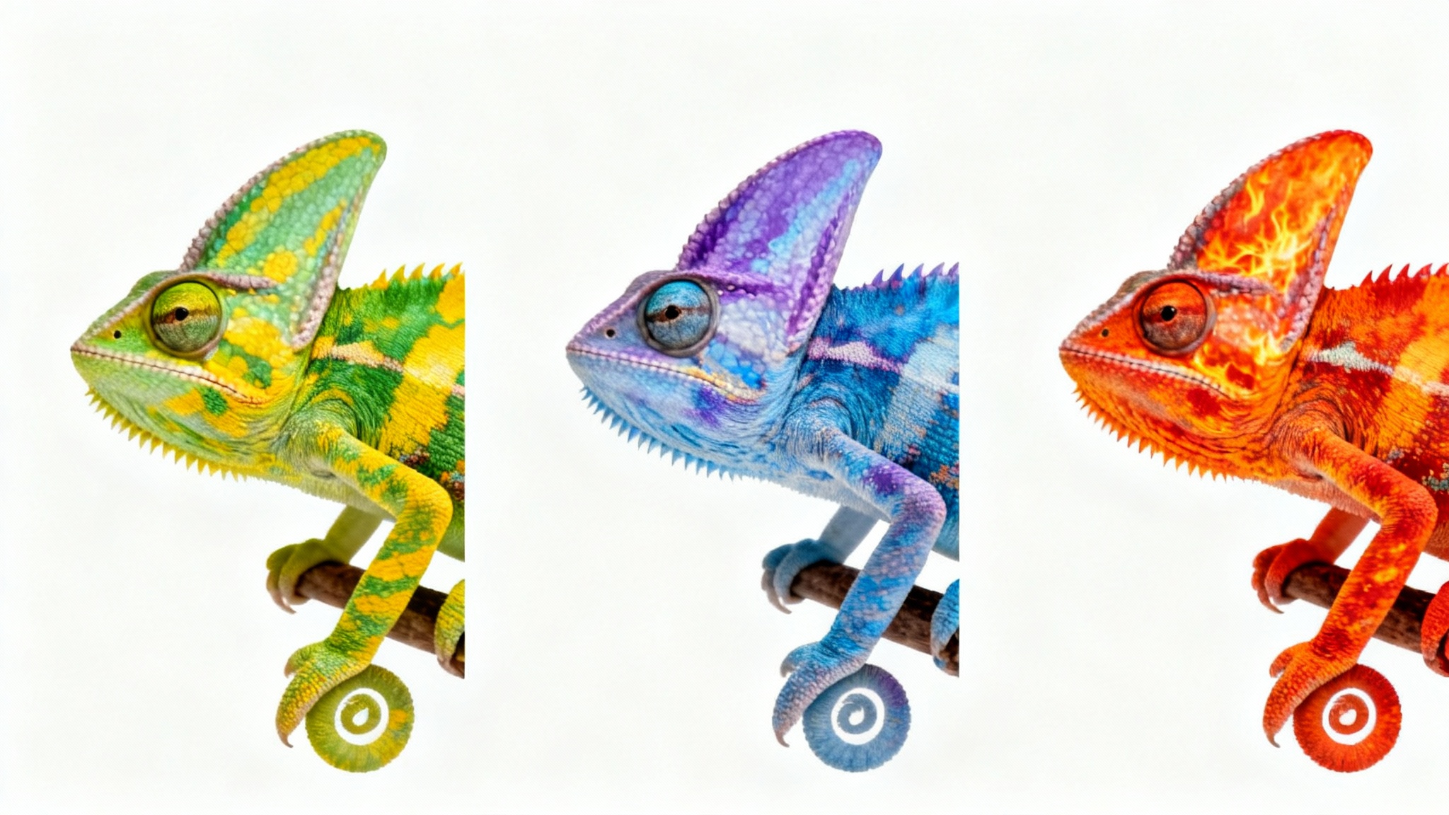 A chameleon shown three times in a row with different color palettes: one green and yellow, one blue and purple, and one orange and red, demonstrating a palette swap.