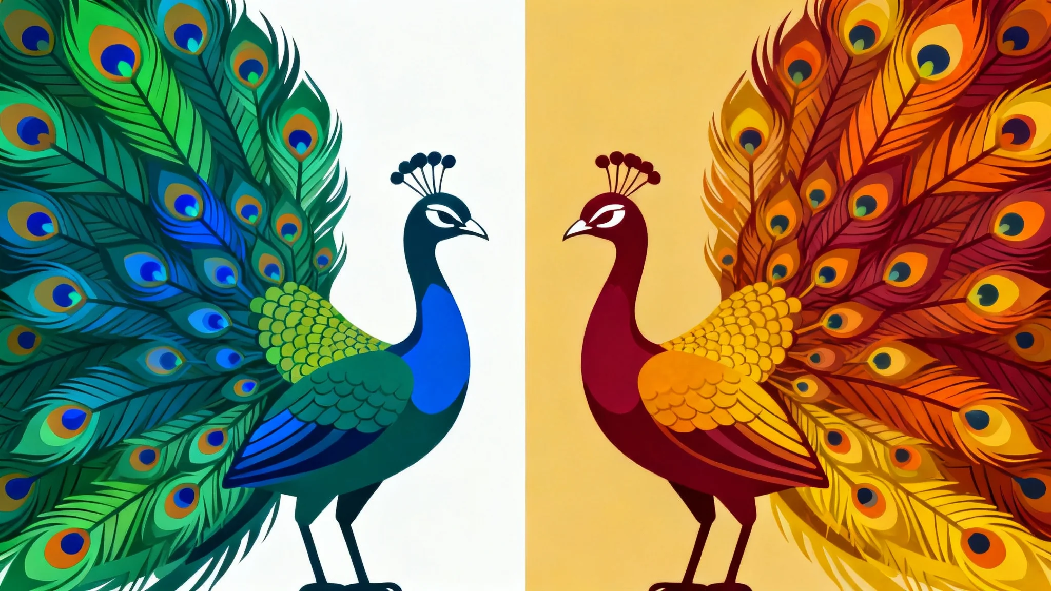 A side-by-side comparison demonstrating a palette swap on a peacock illustration. The left side shows the peacock in cool greens and blues, while the right side shows the same peacock in warm oranges and reds.