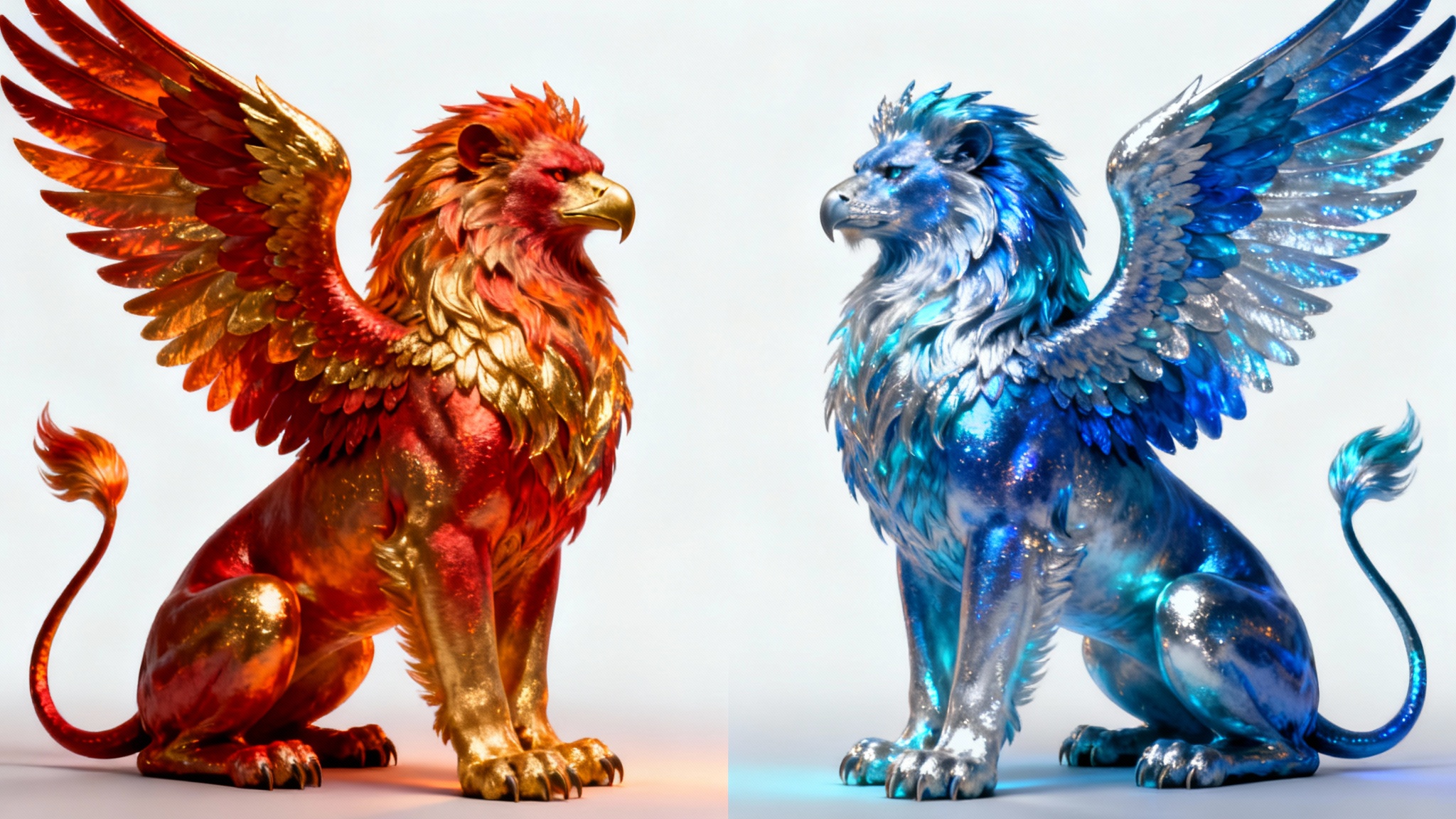 A side-by-side comparison image demonstrating a palette swap on a griffin. The left half shows the creature in warm red and gold colors, while the right half shows the same creature in cool blue and silver colors, all on a stark white background.