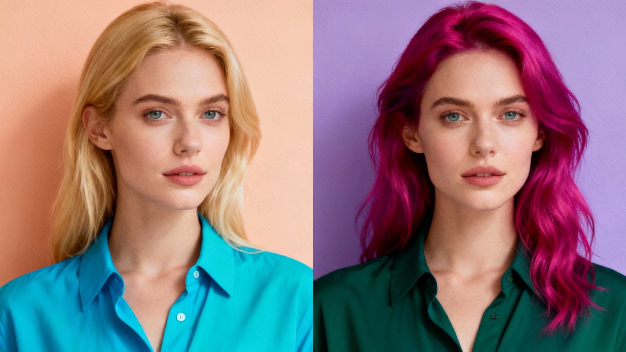A before-and-after image demonstrating a palette swap. The left side shows a woman with blonde hair and a blue shirt against a peach background; the right side shows the same woman with magenta hair and a green shirt against a purple background.