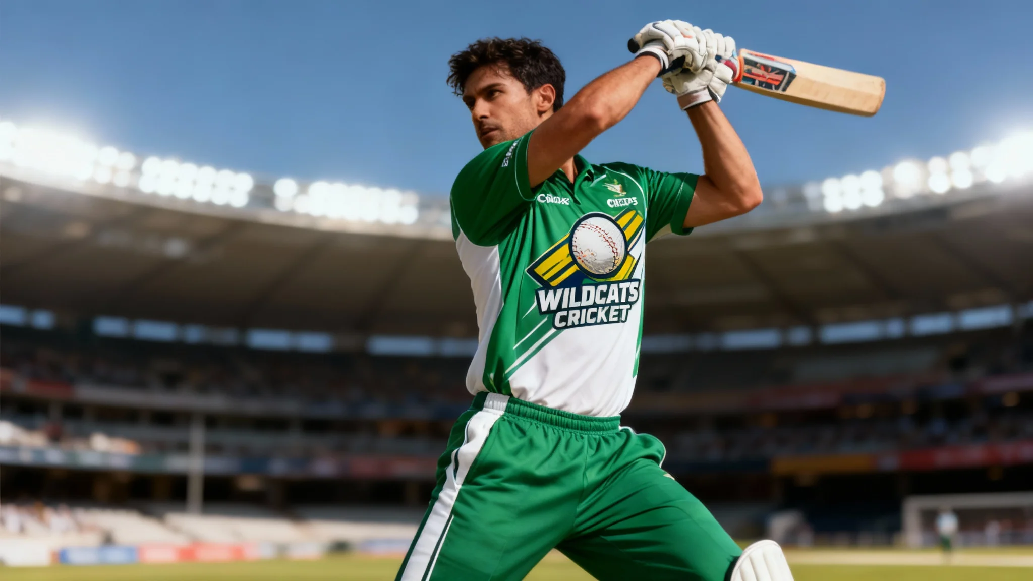 A professional cricketer in a dynamic batting stance, wearing a high-quality green and white custom cricket kit with 'WILDCATS CRICKET' printed on the front, set against a blurred stadium background.