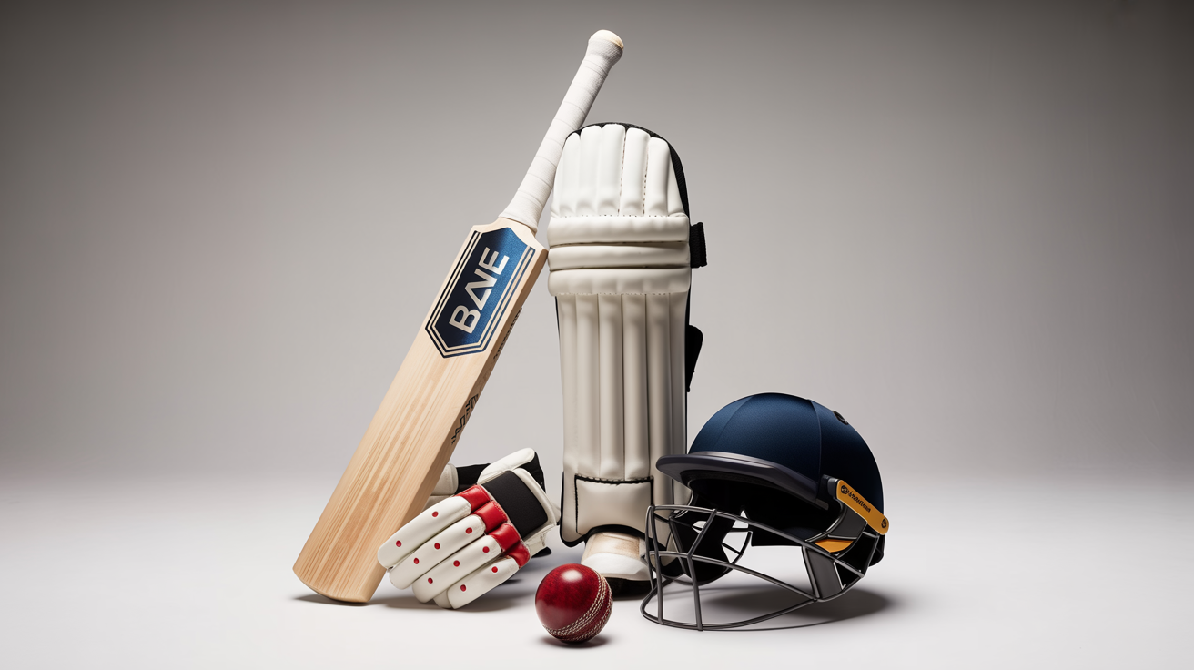 A professional mockup of a complete cricket kit, including a bat, pads, gloves, helmet, and ball, displayed on a clean white background.